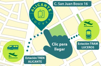 Ubicación consignas de Alicante Locker situadas entre la estación de Alicante AVE y del TRAM de Luceros, ir con Google Maps